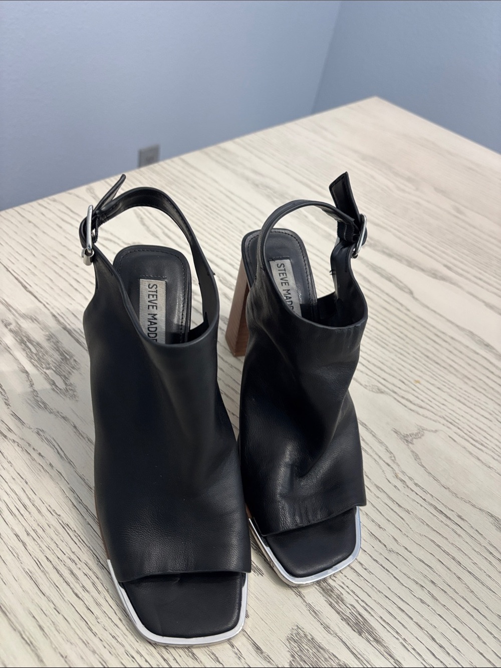Steve Madden Black Leather Open-Toe Slingback Block Heels